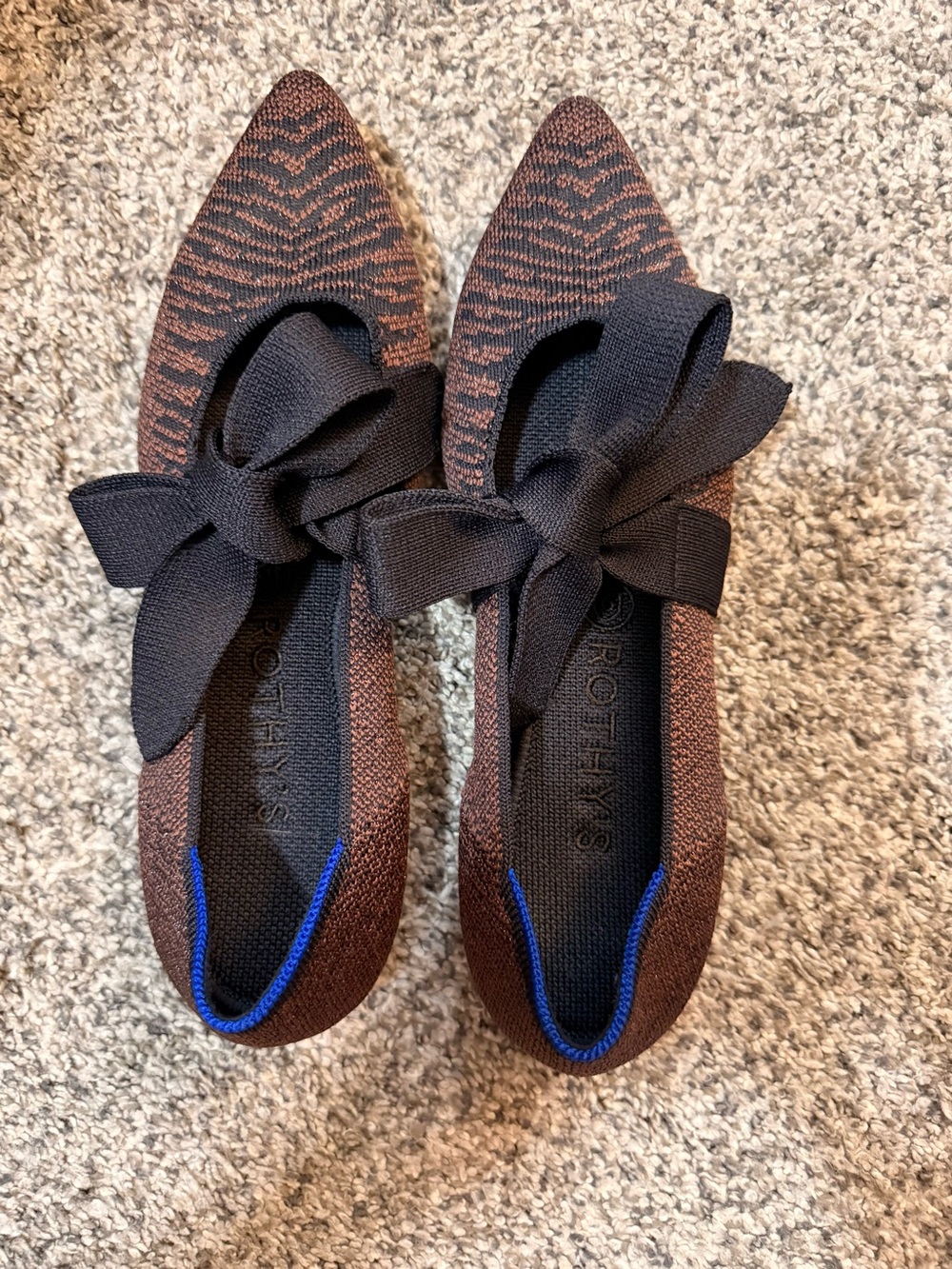 Rothy's Pointed Knit Flats with Black Bow — Brown/Black